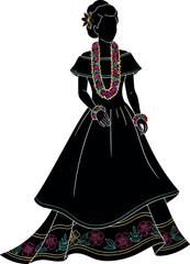 Obraz premium Hawaiian Woman in Traditional Holoku Dress and Lei Silhouette