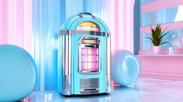 Light blue jukebox glowing in a pastel pink and blue retro room