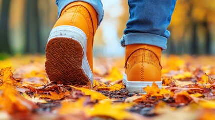 Close-up of autumn footwear on fallen leaves in a vibrant park. Back view, low angle