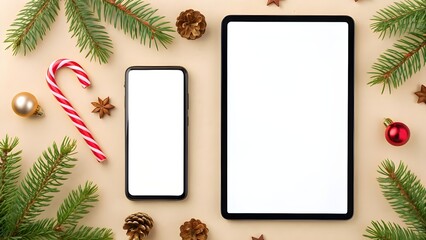 Festive holiday flat lay with blank screen tablet and smartphone.