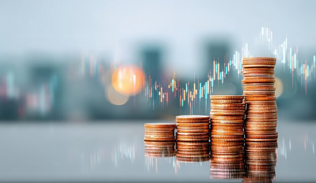 Stacked Gold Coins with Increasing Heights and Financial Data Overlay in a Blurred Cityscape