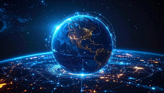 Futuristic vision of Earth enveloped in a luminous digital network symbolizing global communication and technological connectivity - Powered by Adobe