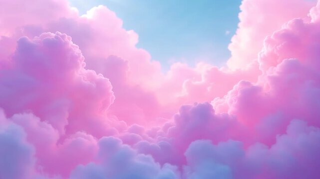 Camera gently flying through a surreal landscape of fluffy pink and blue clouds in a fantasy sky