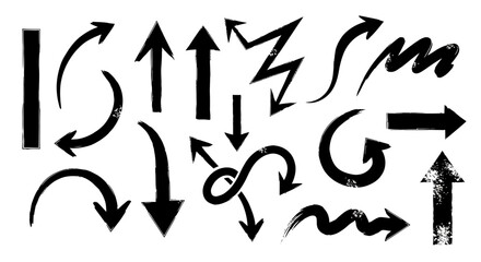 Collection of hand-drawn vector arrows in different styles. Black ink brush painted directional signs isolated on white background