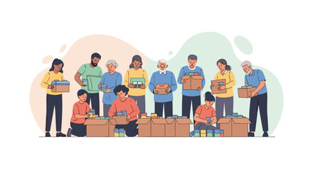 A diverse group of cheerful volunteers collaborates to sort and pack donated food items for community aid and social welfare initiatives.