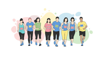 Obraz premium A vibrant vector illustration depicts a diverse group of people jogging together, symbolizing fitness, health, and community participation in an active event.
