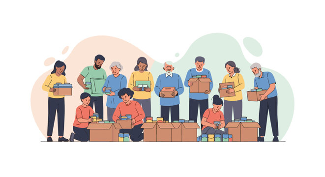 A diverse group of cheerful volunteers collaborates to sort and pack donated food items for community aid and social welfare initiatives.