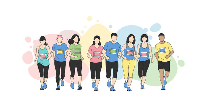 A vibrant vector illustration depicts a diverse group of people jogging together, symbolizing fitness, health, and community participation in an active event.