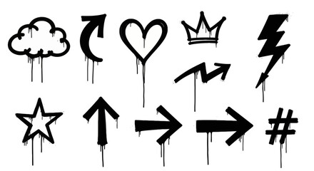 A collection of black graffiti spray paint symbols with a dripping liquid effect, including arrows, heart, star, and crown in an urban street art style