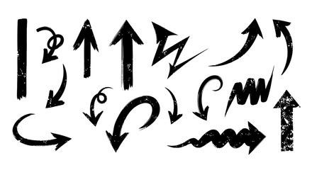 A diverse set of hand-drawn black arrows with a grunge, textured effect. Vector illustration collection of doodle pointers and direction signs