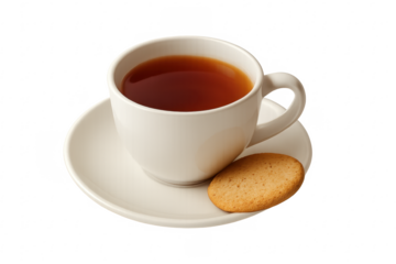 Hot tea in white cup with biscuit on saucer