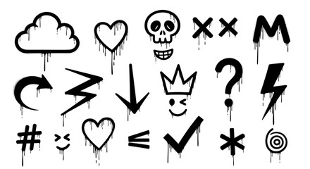Set of black graffiti spray paint icons with a dripping liquid effect. Vector illustration collection of urban street art symbols isolated on white