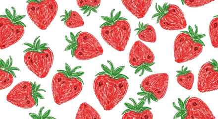 Hand-drawn strawberry pattern with a naive, childlike crayon texture. Seamless repeat design perfect for textiles, wrapping paper, or cute backgrounds