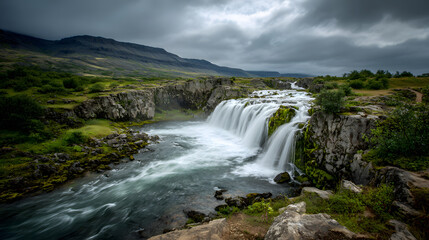 Fototapeta premium Majestic Waterfall Cascading Through a Rocky, Green Valley