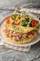 Omelet with canned tuna fish served with fresh vegetables salad closeup on the plate on the table. Vertical