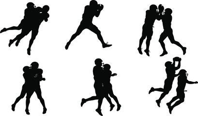 American football player silhouettes in dynamic action poses with ball, tackling, blocking, catching, sports vector illustration for athletic competition and teamwork design © Asad Creative
