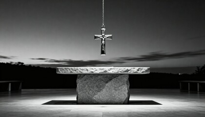 Black and white photo of a stone altar with hanging cross crucifix outdoors at dusk