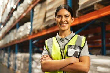 Happy woman, portrait and logistics with confidence in warehouse for supply chain or delivery storage. Young female person or employee with smile and arms crossed in shipping industry at depot
