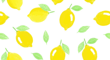 Vibrant, refreshing pattern of hand-painted watercolor lemons and scattered green leaves on a simple white background, a fresh summer citrus illustration