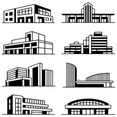 Obraz premium Collection of Building Silhouettes – Modern Architecture Line Icons
