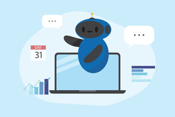 AI Assistant, artificial intelligence helper concept. Software or program for Data analysis. Chat with robot or Ai training development. Cute robot and laptop with data vector illustration.