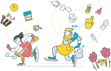 年末を駆け抜ける家族と応援する娘　掃除やおせちなどの年末準備をスピードスケートのようにこなす家族
