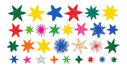 Vibrant set of childlike star doodles and scribbles. A hand-drawn collection with a crayon texture, perfect for whimsical hadfkug design projects