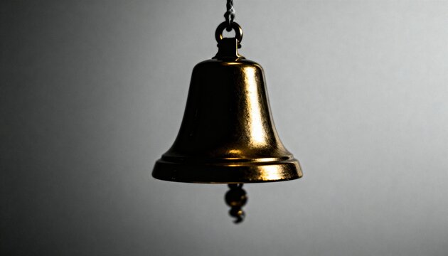 Close-up of a shiny brass bell hanging against a gray background