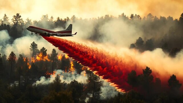 Aerial Firefighting Plane Drops Red Retardant on Raging Forest Fire.