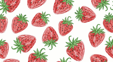 Hand-drawn seamless pattern of vibrant red strawberries with a crayon-like texture. Fresh summer fruit illustration for background or fabric design