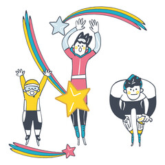 万歳！スピードスケートで家族の勝利を喜ぶ　金銀の星とともに氷上を滑走する親子
