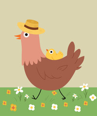 Illustration with Hen Mother with Chicken Child wearing Hat
