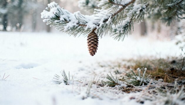 Close-up of snow-covered pine branch with single pine cone in winter forest