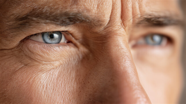 Close-up of mature man’s blue eyes and wrinkles, symbolizing wisdom, experience and human emotion.