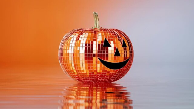 Sparkling disco pumpkin with a playful smile reflects in shimmering water, showcasing vibrant orange hues and a whimsical design, camera performs a smooth zoom in to highlight details