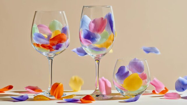 Colorful flower petals cascade gracefully into three elegant glassware pieces, showcasing vibrant hues and textures, as the camera performs a smooth zoom out to capture the enchanting scene's full bea