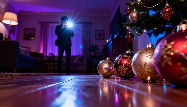Low angle view of Christmas tree ornaments with person taking photo in cozy living room