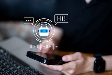 Close-up woman using typing smartphone ai chatbot artificial intelligence online searching information research