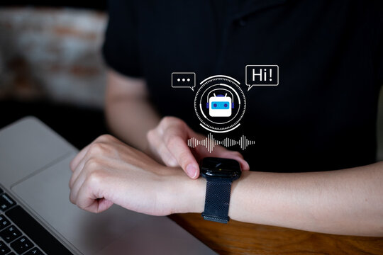 Person using ai artificial intelligence as personal assistant voice searching chatbot message search data information technology connection innovation modern internet digital support futuristic style