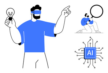 Person wearing VR headset holding lightbulb while pointing to distant idea, magnifying analytical exploration, and microchip labeled AI. Ideal for innovation, tech trends, creativity, analysis