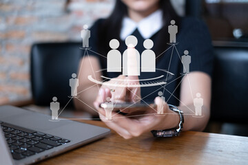 Human resource HR teamwork manpower management using technology connection business concept career network employee social communication job personnel recruitment leader group marketing success