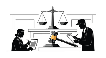 Obraz premium A journalist and a lawyer discussing documents at a desk with a gavel and scales of justice in a courtroom setting.