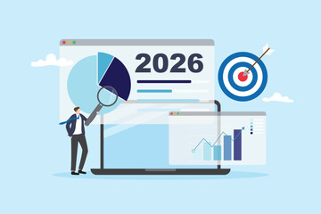 2026 planning strategy business marketing for growth and success project. Businessman presenting proposal or sale data analysis dashboard for annual forecast vector illustration flat design.