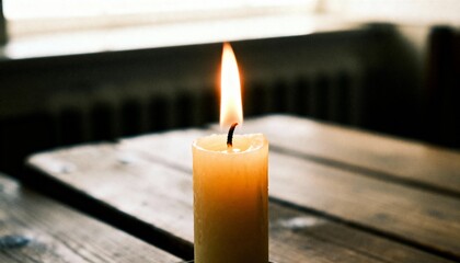 Single lit candle with bright flame on wooden table in indoor setting