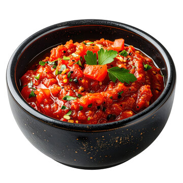 Vibrant tomato salsa in a black bowl with fresh herbs isolated on white background