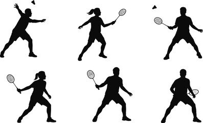 Black silhouette vector set of badminton players in action poses with rackets and shuttlecocks, swinging, lunging, jumping, and competitive sports gameplay