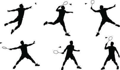 Black silhouette vector set of badminton players in dynamic action poses with rackets and shuttlecocks, jumping, lunging, swinging, and competitive gameplay