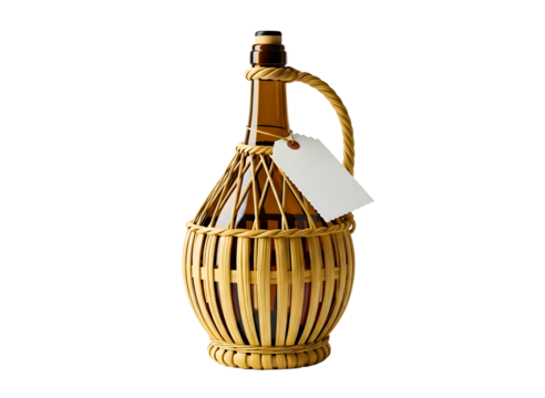 Ornate wicker basket covered glass bottle with blank tag isolated on transparent background