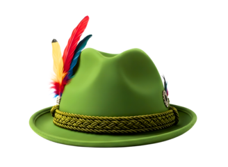 Traditional green felt hat with feather and gold trim isolated on transparent background