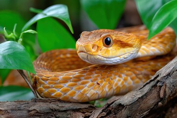 Fototapeta premium Golden Snake Coiled on Branch with Green Leaves